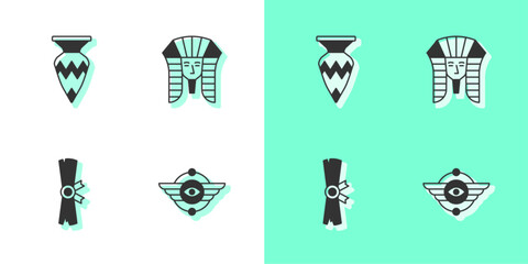 Sticker - Set Egyptian symbol Winged sun, vase, Papyrus scroll and pharaoh icon. Vector