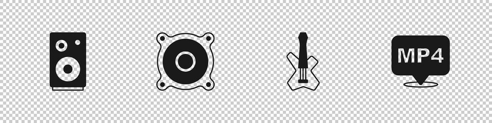 Poster - Set Stereo speaker, Electric bass guitar and MP4 file document icon. Vector