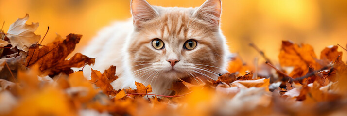 Cute fluffy domestic cat sitting in autumn leaves, banner. Generative ai