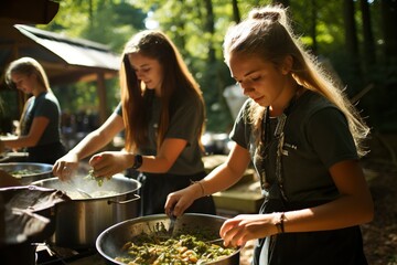 Poster - Students Engaged In Outdoor Cooking Or Food Preparation Activities Females Generative AI