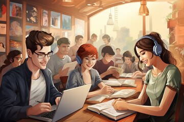 Fototapete - Students Participating In An Online Language Learning Activity Or Conversation Design Generative AI