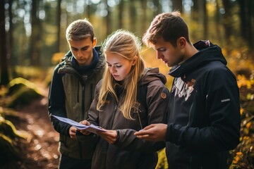Poster - Students Participating In Outdoor Orienteering Or Navigation Activities Walking Generative AI