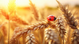 Fototapeta Zwierzęta - Golden ripe ears of wheat and ladybug