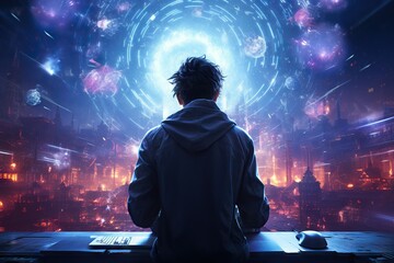 Fototapete - Top View Image Of A Person Competing In A Multiplayer Online Battle Arena Game Galaxy Generative AI
