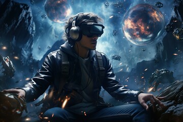 Fototapete - Top View Image Of A Person Exploring A Virtual Reality Science Fiction Or Fantasy World Video game Generative AI