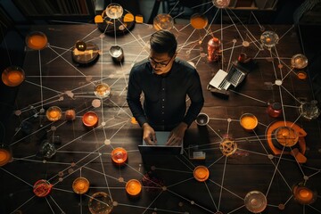 Fototapete - Top View Image Of A Person Managing Network Network Asset Inventory And Documentation Illustration Generative AI