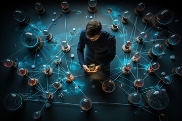 Fototapete - Top View Image Of A Person Managing Network Network Access Points And Wifi Networks One person Generative AI