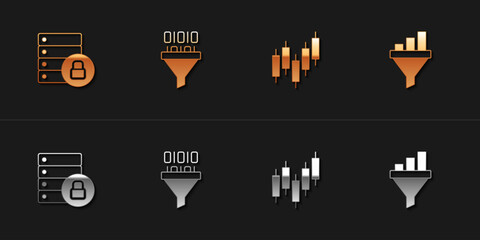 Set Server security with padlock, Binary code, Browser stocks market and Sales funnel chart icon. Vector