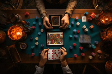 Poster - Top View Image Of A Person Playing A Card Game On A Tablet Gambling chip Generative AI