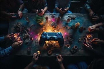 Poster - Top View Image Of A Person Playing A Cooperative Game On A Gaming Console Cheerful Generative AI