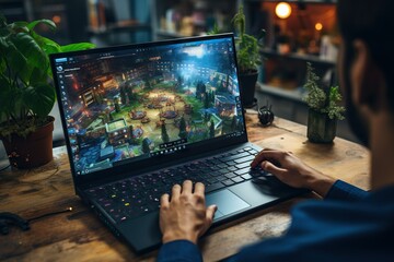 Poster - Top View Image Of A Person Playing A Sports Simulation Game On A Gaming Laptop Businessman Generative AI