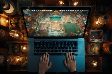 Fototapete - Top View Image Of A Person Playing A Sports Simulation Game On A Gaming Laptop Computer Generative AI
