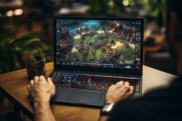 Poster - Top View Image Of A Person Playing A Sports Simulation Game On A Gaming Laptop Close-up Generative AI