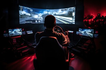Poster - Top View Image Of A Person Using A Gaming Chair And Racing Wheel For Driving Simulation Caucasian ethnicity Generative AI