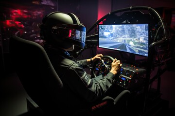 Poster - Top View Image Of A Person Using A Gaming Chair And Racing Wheel For Driving Simulation Piloting Generative AI
