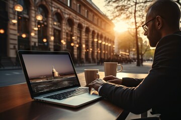 Fototapete - Top View Image Of A Person Using A Laptop For Online Banking And Financial Transactions Internet Generative AI
