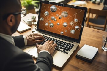 Poster - Top View Image Of A Person Using A Laptop For Online Fundraising And Crowdfunding Telephone Generative AI