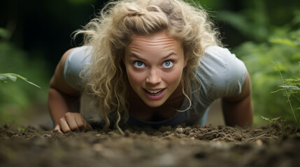 Young woman crawling on the ground , front face view