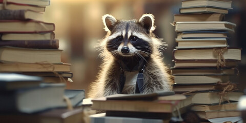 Wall Mural - Curious Raccoon Learning Amidst a Towering Stack of Books - AI generated