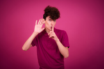 Sticker - Sports and healthy lifestyle. Funny emotional guy posing on a pink background.