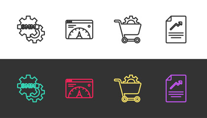 Poster - Set line Social media marketing, Website statistic, Shopping cart and Document with graph chart on black and white. Vector
