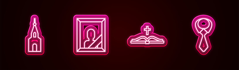 Wall Mural - Set line Church building, Mourning photo frame, Holy bible book and Tie. Glowing neon icon. Vector