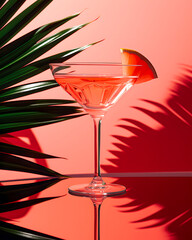 A summer fruit cocktail in a martini glass, a palm branch and the mood of the beach sunset.