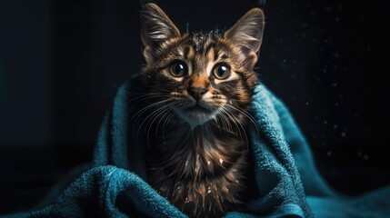  Funny gray tabby kitten wet after a bath. Created with generative AI.