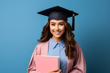 student lady in eyeglasses holds books and shows ok sign studio color isolated ai generated art