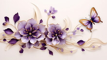 Digital Scene Purple Red And Pink Flower And Gold Butterfly White Background