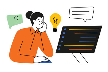 Student learning to code, online courses, woman looking at html code on monitor screen, hand drawn composition, vector illustration of web development, IT professions education, colored clipart
