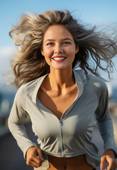 Canvas Print - attractive mature woman jogging outdoors, generative ai