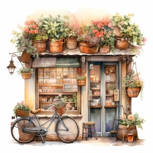 Watercolor Illustration Of A Tea Stall And Window Boxes