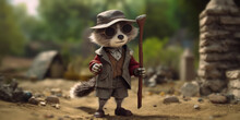 Playful Raccoon Dressed As Archaeologist At An Excavation Site - AI Generated