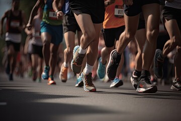 A group of sports runners participate in a difficult marathon race, close-up of the legs running on the road.