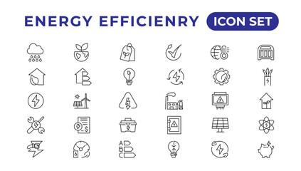 Wall Mural - Energy efficiency icon set. Calculator, energy-saving light bulb, piggy bank, solar panel, circular economy, battery, home insulation, energy class vector illustration