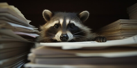 Wall Mural - Cheerful Raccoon Amidst a Pile of Office Files and Documents - AI generated