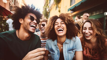 Lifestyle And Friendship Concept. Multi Ethnic Guys And Girls Spending Time Together. Happy Life Style Friendship Concept On Young Multicultural People Having Fun Day Together In City. Generative AI