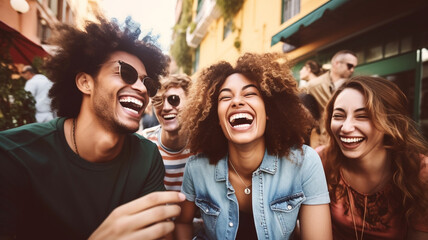 Lifestyle and friendship concept. Multi ethnic guys and girls spending time together. Happy life style friendship concept on young multicultural people having fun day together in city. Generative AI