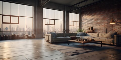 Wall Mural - Empty loft apartment, industrial style, 3d render