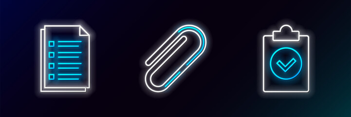 Poster - Set line Completed task, File document and Paper clip icon. Glowing neon. Vector