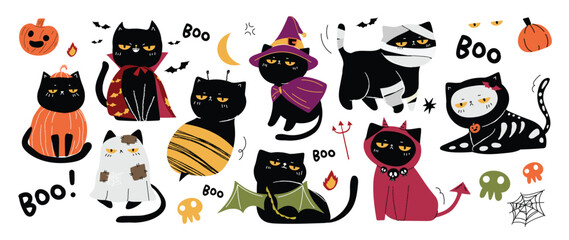 Wall Mural - Happy Halloween day lovey pet vector. Cute collection of cats with halloween costumes, ghost, bat, pumpkin, spider. Adorable animal characters in autumn festival for decoration, prints, cover.