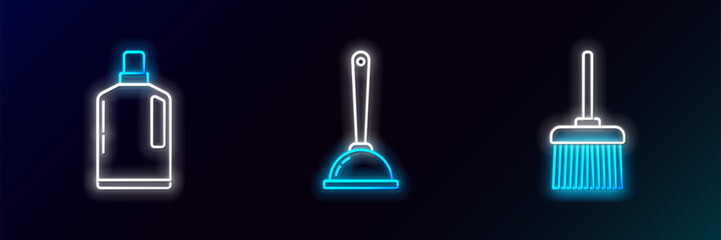 Sticker - Set line Handle broom, Plastic bottles for liquid dishwashing liquid and Toilet plunger icon. Glowing neon. Vector