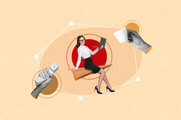 Aufkleber - Artwork collage of mini elegant girl flying paper plane use netbook huge arms hold handset telephone coffee cup isolated on beige background