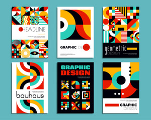 Aufkleber - Bauhaus posters. Geometric abstract patterns with minimal shapes. Vector backgrounds, vintage art layout templates with bold typography and primitive elements as circles, triangles, dots and squares