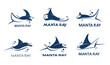 Manta ray animal icons, stingray or sting ray fish on water wave with bubbles, vector emblems for company. Manta ray symbols for marine brand, yacht sport club or sea and ocean holiday resort sign