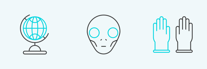 Sticker - Set line Rubber gloves, Earth globe and Extraterrestrial alien face icon. Vector