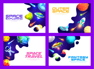 Poster - Space landing pages, galaxy universe planets and spaceships, vector website template. Outer space discovery, travel and galaxy exploration, fantasy alien UFO and spaceman in starry sky