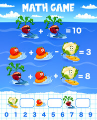 Poster - Math game worksheet. Cartoon beet, tomato and cauliflower characters on summer vacation. Children education funny vector game with cute vegetable personage ridding ski jet, inflatable ring and surfing