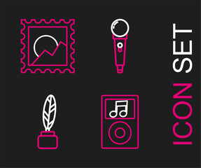 Poster - Set line Music player, Feather and inkwell, Microphone and Picture landscape icon. Vector